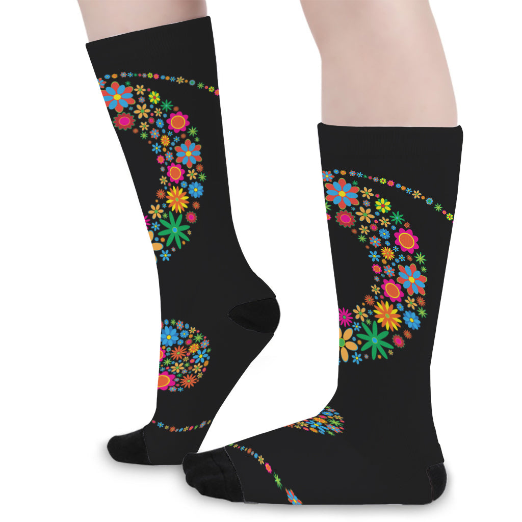 Colorful Flowers Yin Yang Print Long Socks