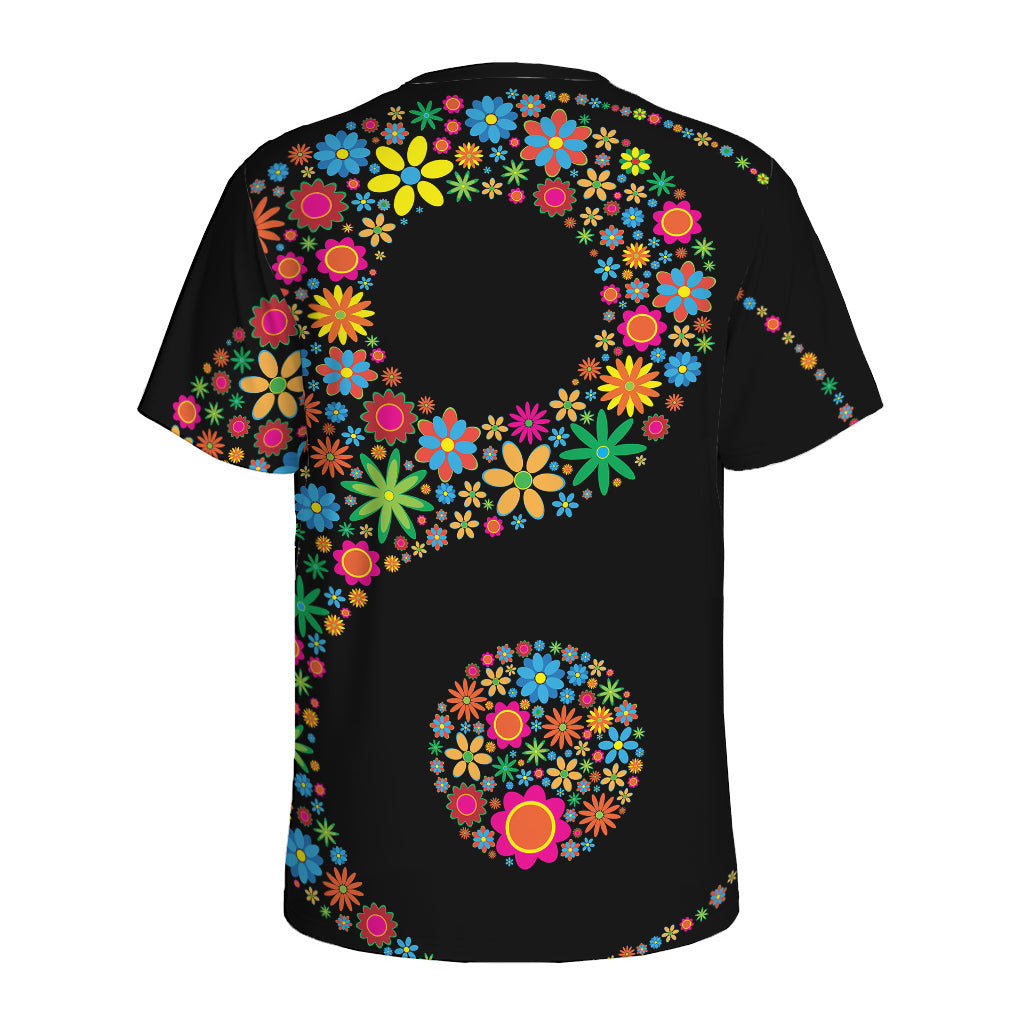 Colorful Flowers Yin Yang Print Men's Sports T-Shirt