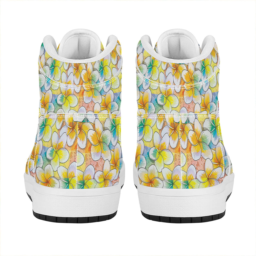 Colorful Frangipani Pattern Print High Top Leather Sneakers