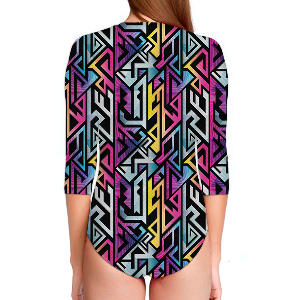 Colorful Geometric Tribal Pattern Print Long Sleeve Swimsuit