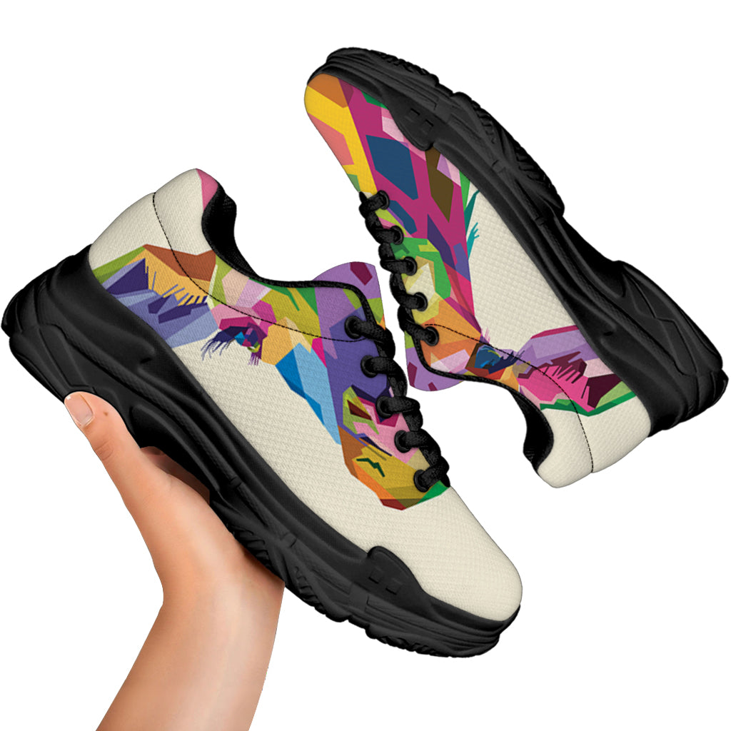 Colorful Giraffe Portrait Print Black Chunky Shoes