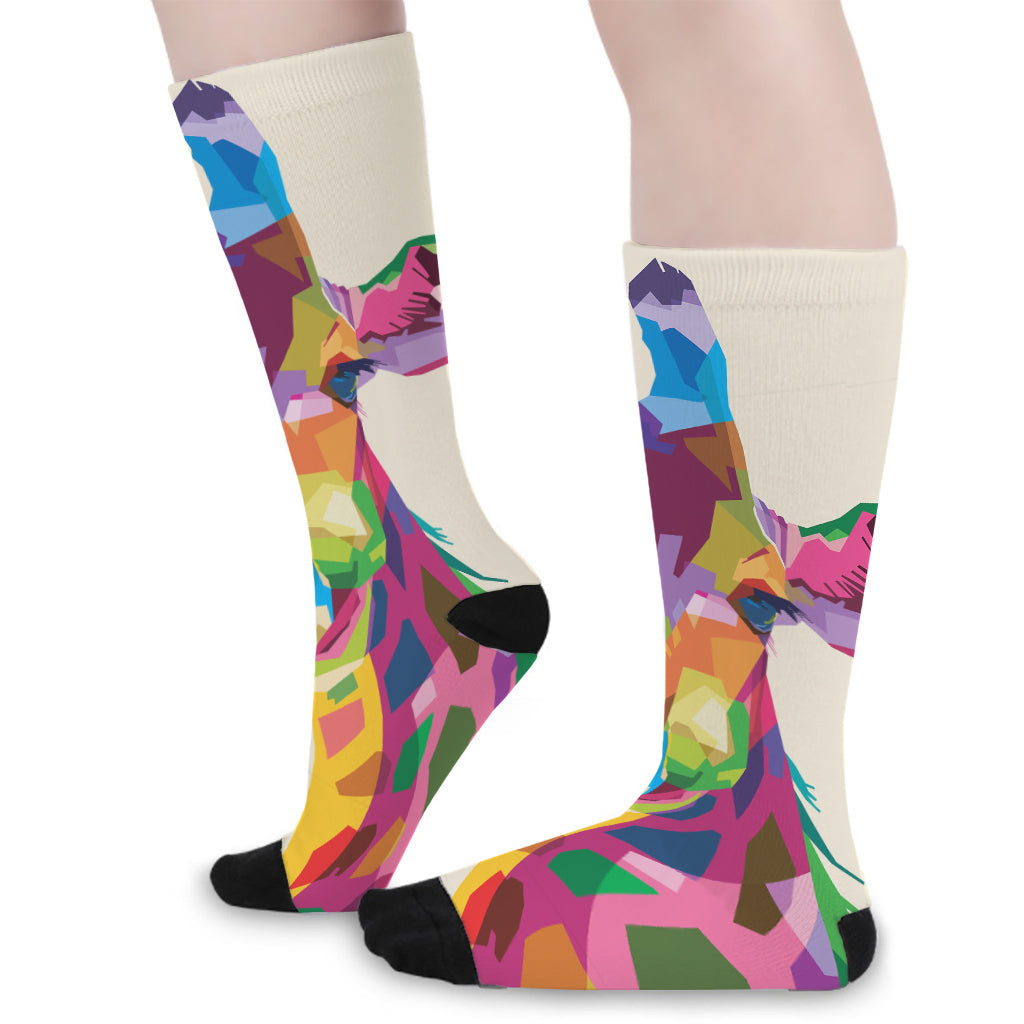 Colorful Giraffe Portrait Print Long Socks