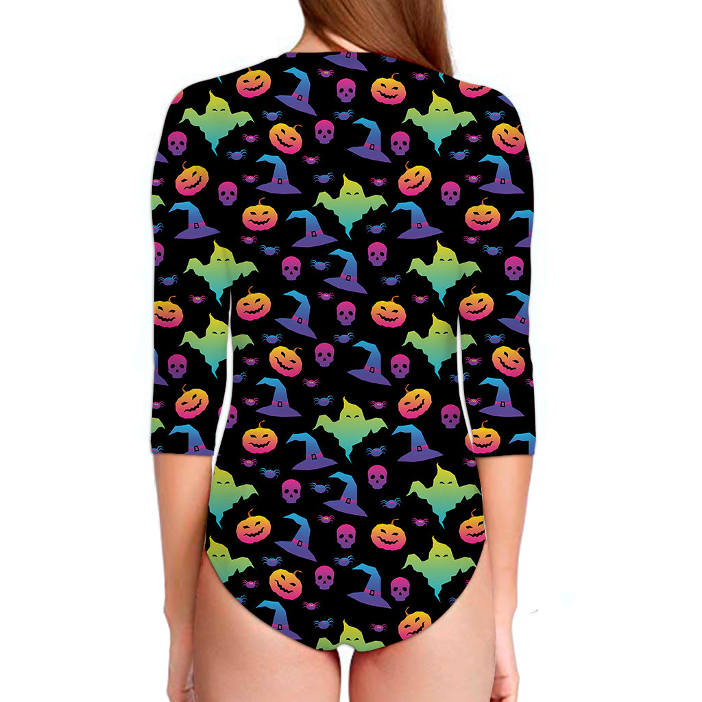 Colorful Halloween Party Pattern Print Long Sleeve Swimsuit