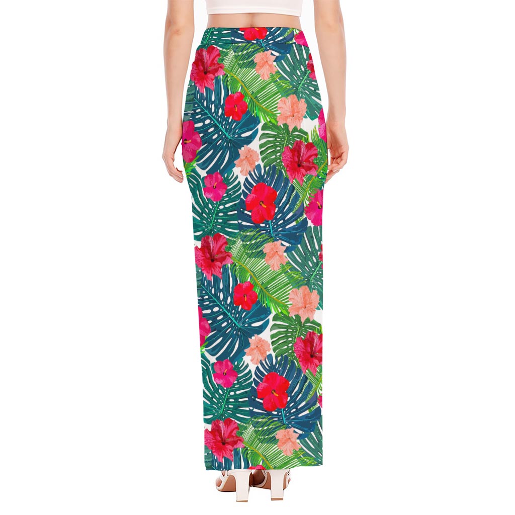 Colorful Hawaii Floral Pattern Print High Slit Maxi Skirt