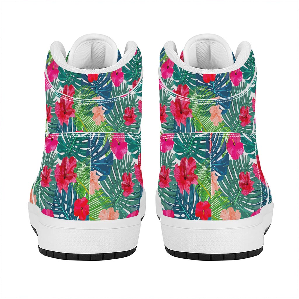 Colorful Hawaii Floral Pattern Print High Top Leather Sneakers