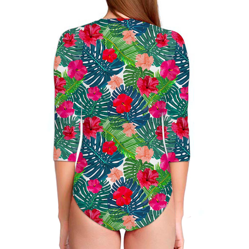 Colorful Hawaii Floral Pattern Print Long Sleeve Swimsuit