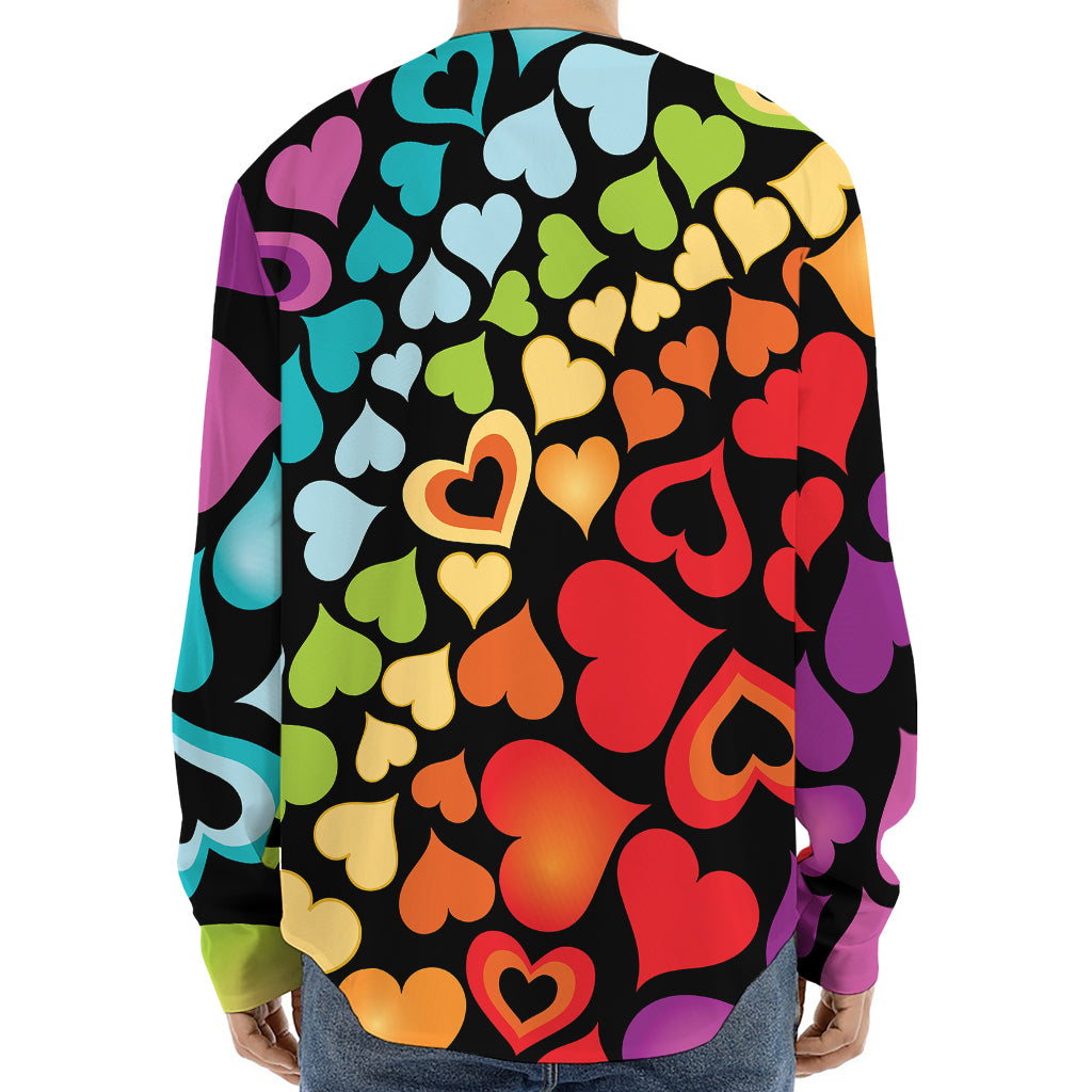 Colorful Heart Wave Pattern Print Long Sleeve Baseball Jersey