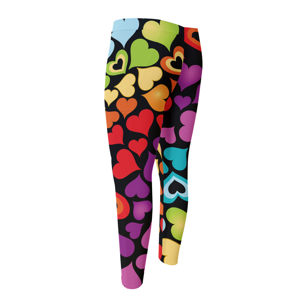 Colorful Heart Wave Pattern Print Men's Compression Pants
