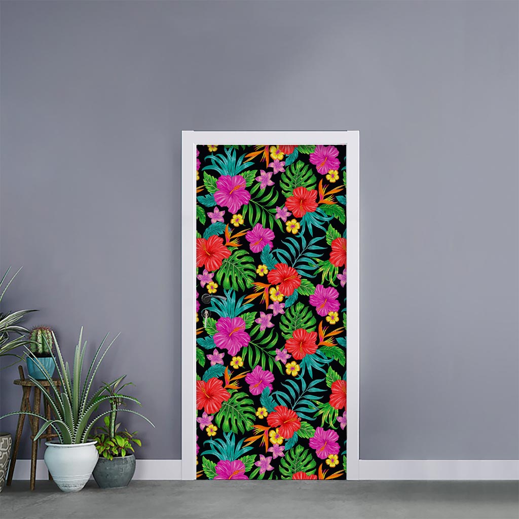Colorful Hibiscus Flowers Pattern Print Door Sticker