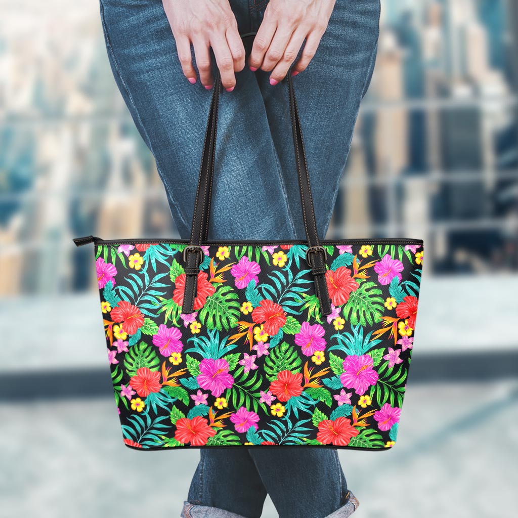 Colorful Hibiscus Flowers Pattern Print Leather Tote Bag