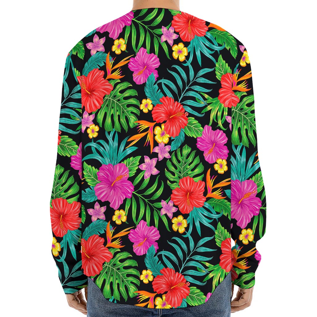 Colorful Hibiscus Flowers Pattern Print Long Sleeve Baseball Jersey