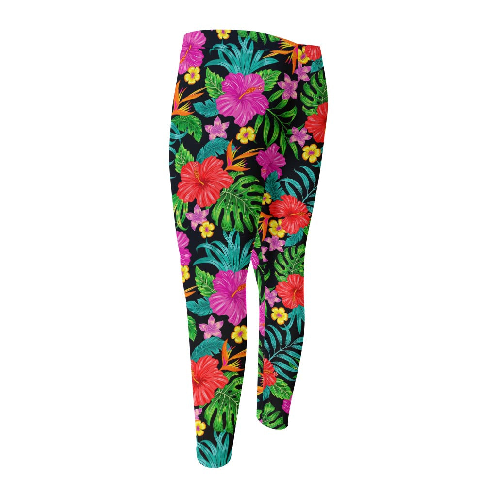 Colorful Hibiscus Flowers Pattern Print Men's Compression Pants