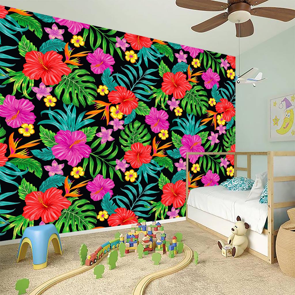 Colorful Hibiscus Flowers Pattern Print Wall Sticker