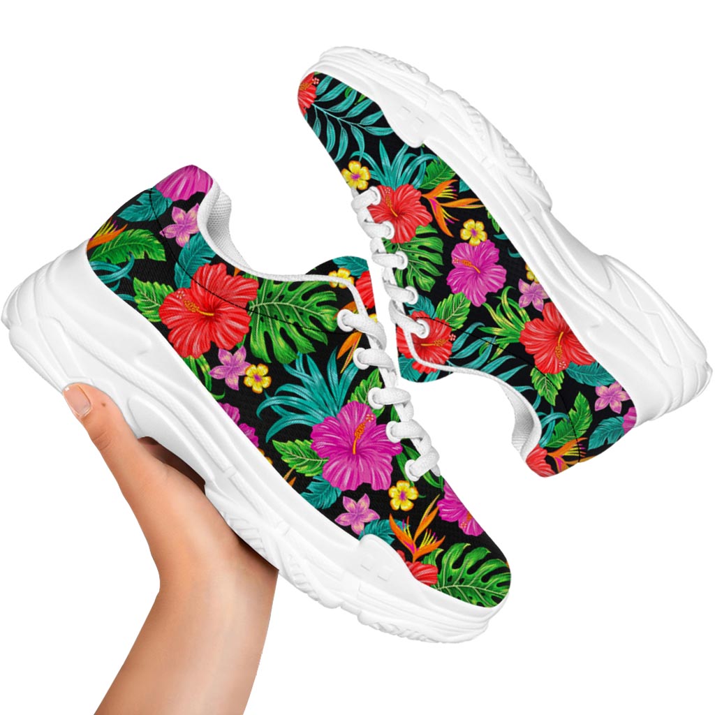 Colorful Hibiscus Flowers Pattern Print White Chunky Shoes