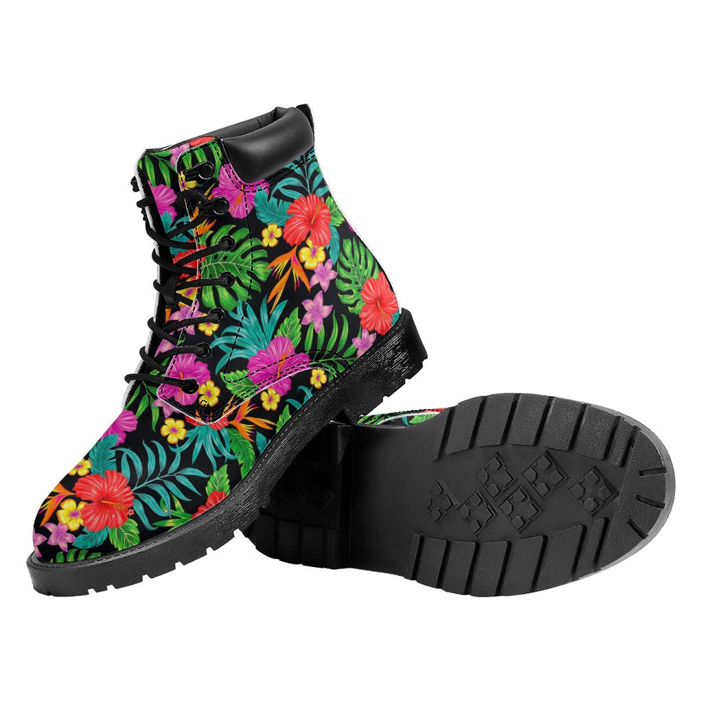 Colorful Hibiscus Flowers Pattern Print Work Boots
