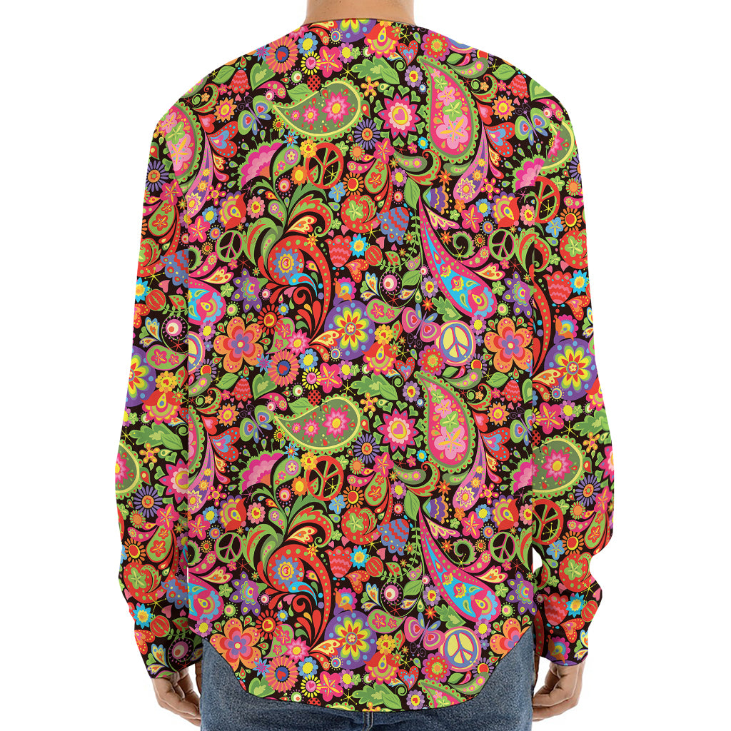 Colorful Hippie Peace Signs Print Long Sleeve Baseball Jersey