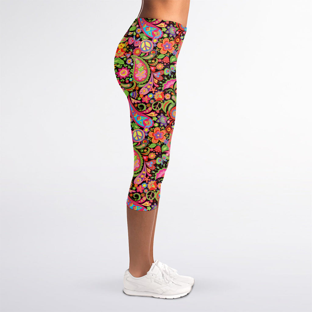 Colorful Hippie Peace Signs Print Women's Capri Leggings