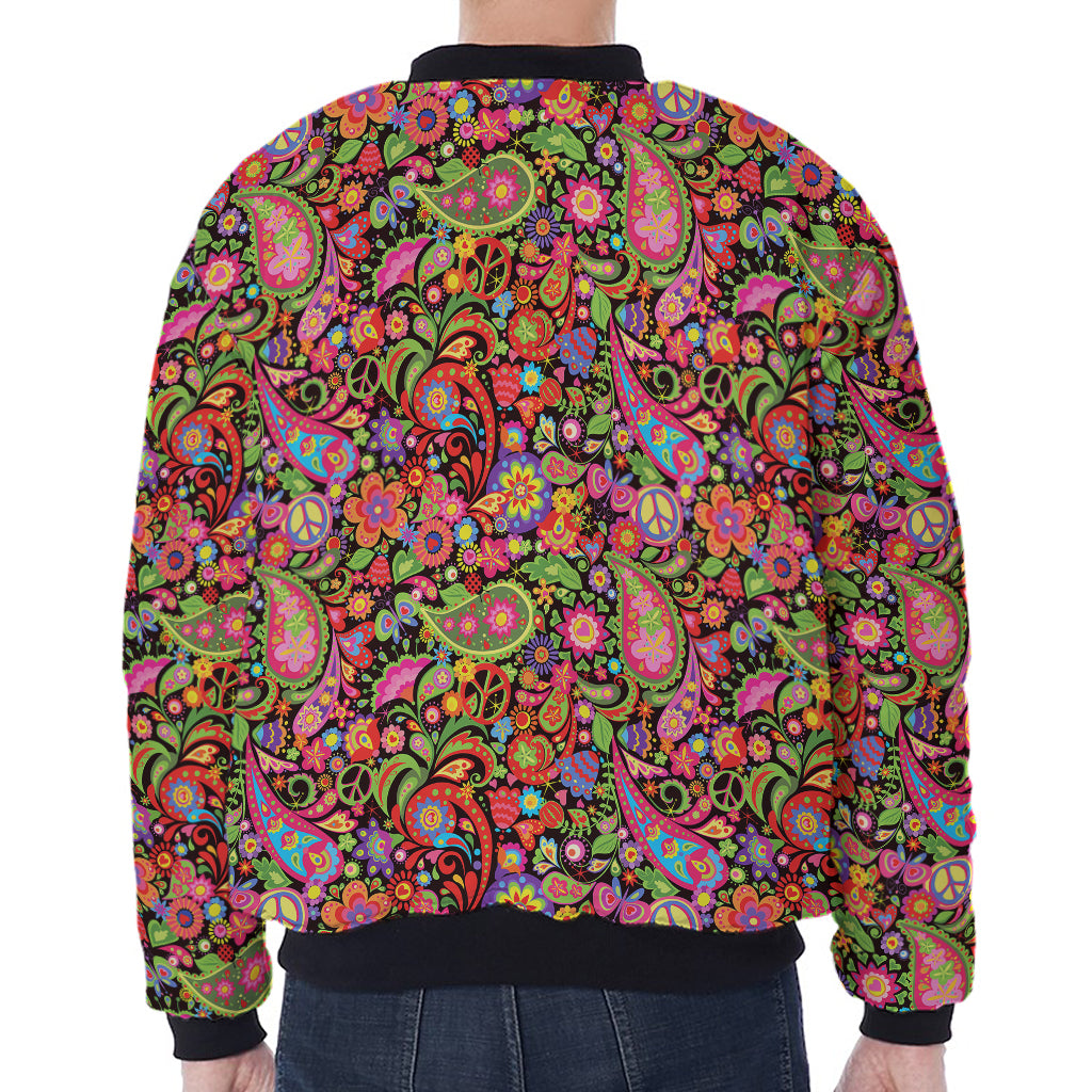 Colorful Hippie Peace Signs Print Zip Sleeve Bomber Jacket