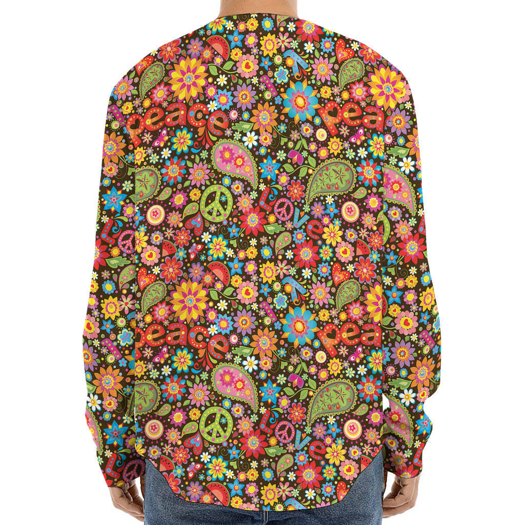 Colorful Hippie Peace Symbols Print Long Sleeve Baseball Jersey