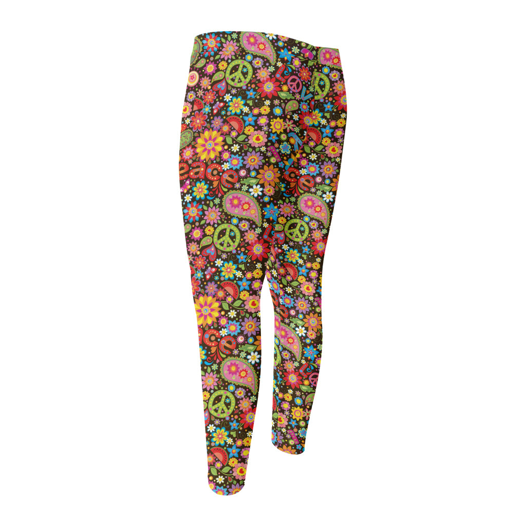 Colorful Hippie Peace Symbols Print Men's Compression Pants