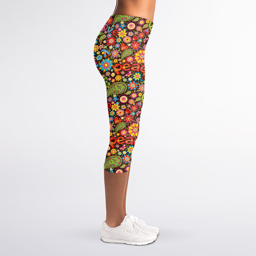 Colorful Hippie Peace Symbols Print Women's Capri Leggings