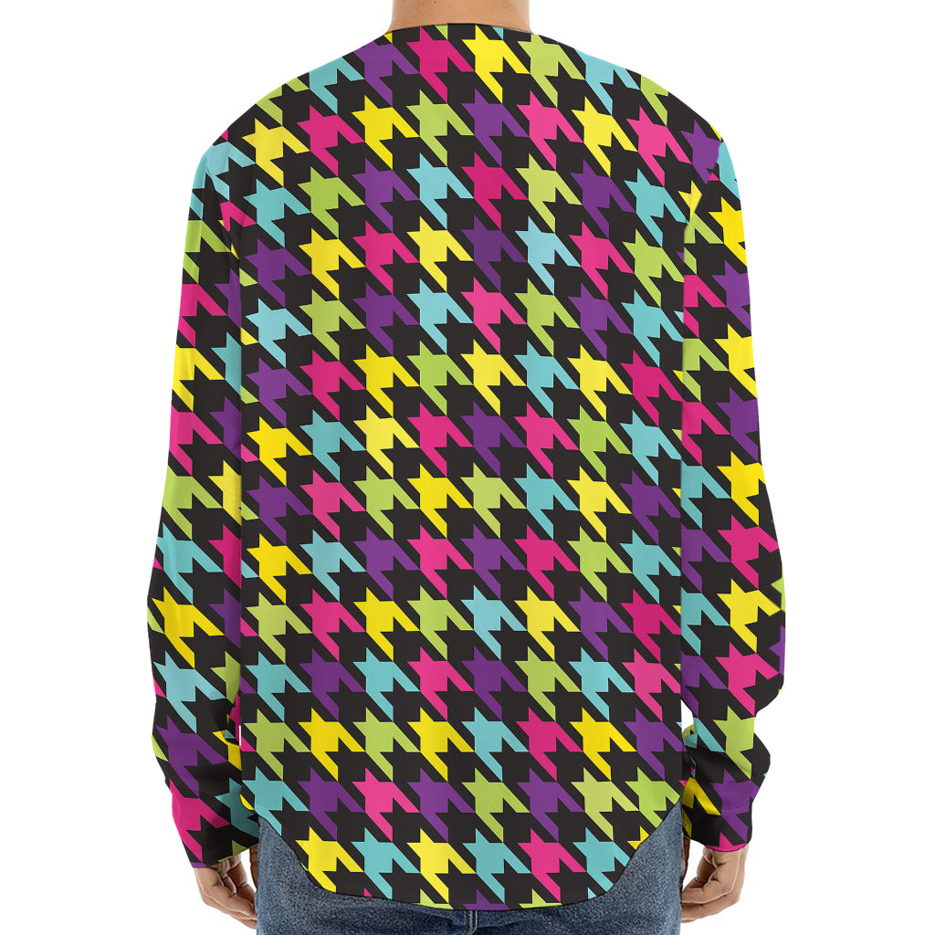 Colorful Houndstooth Pattern Print Long Sleeve Baseball Jersey