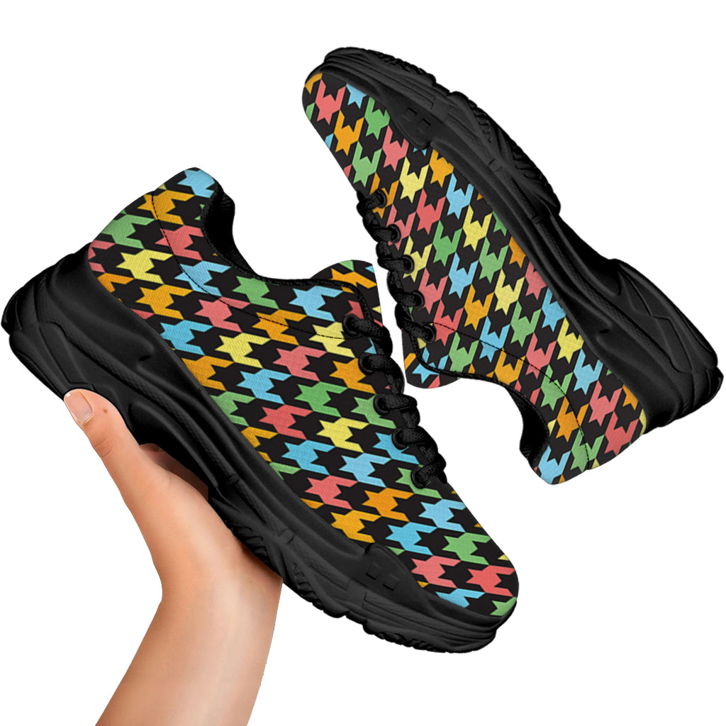 Colorful Houndstooth Print Black Chunky Shoes