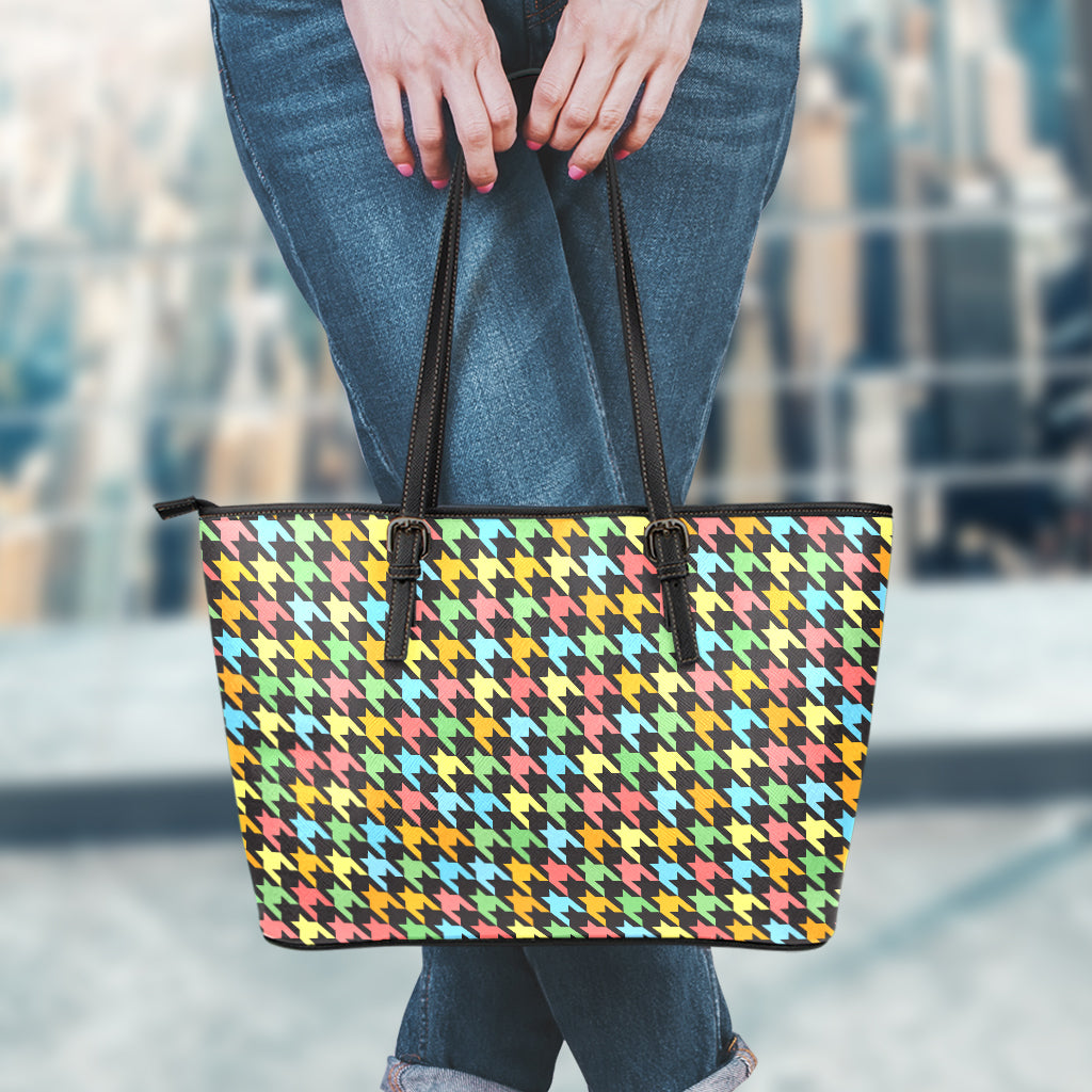 Colorful Houndstooth Print Leather Tote Bag
