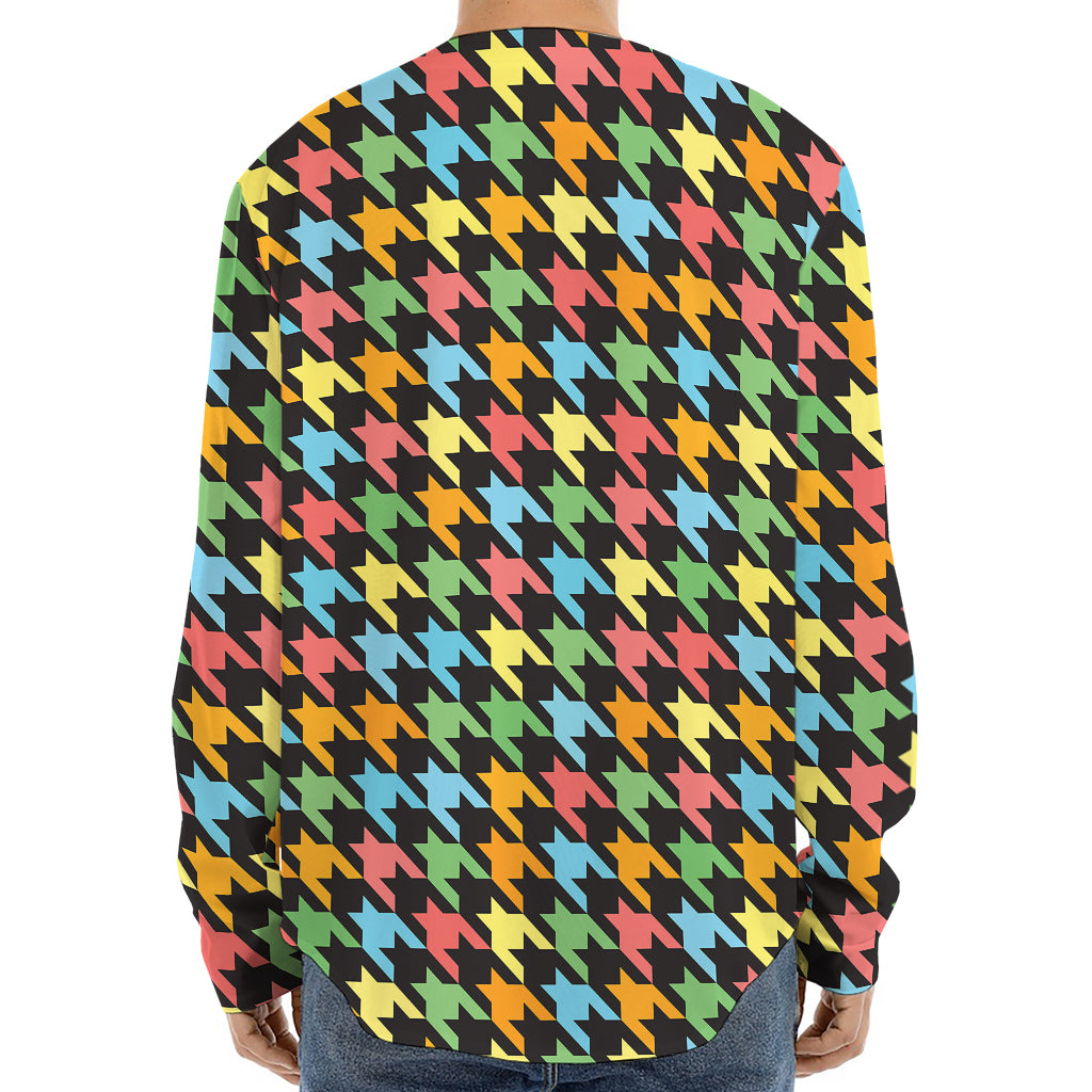 Colorful Houndstooth Print Long Sleeve Baseball Jersey