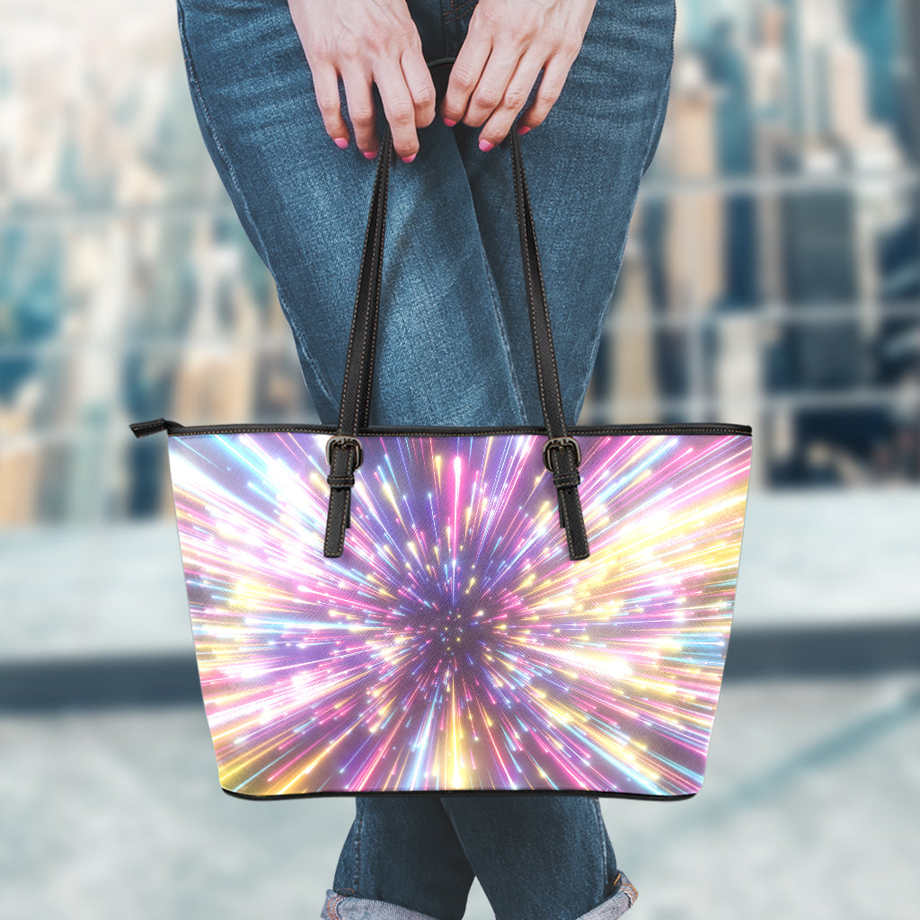 Colorful Hyperspace Print Leather Tote Bag