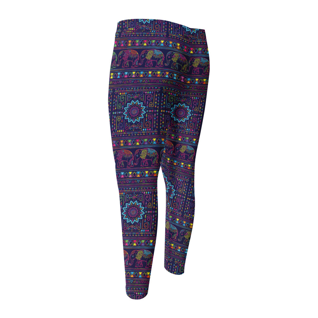 Colorful Indian Elephant Pattern Print Men's Compression Pants