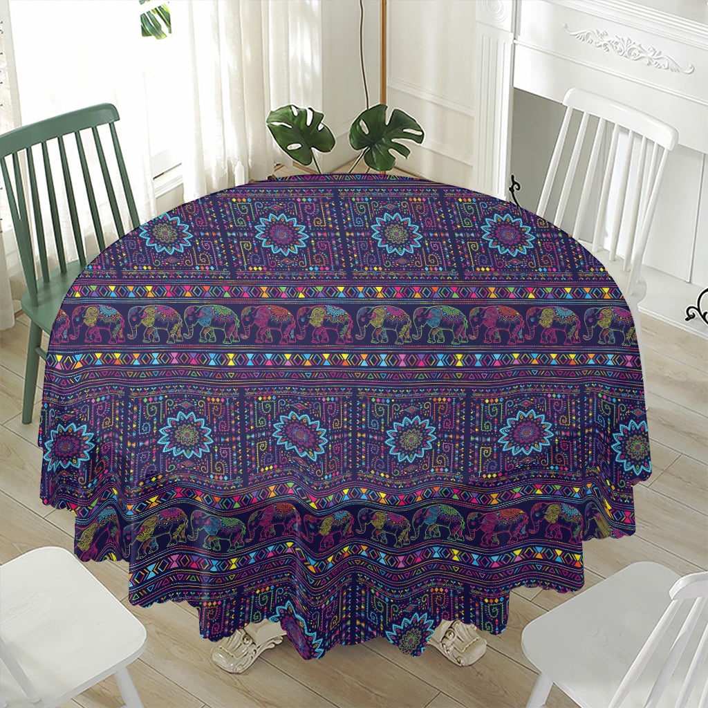 Colorful Indian Elephant Pattern Print Waterproof Round Tablecloth