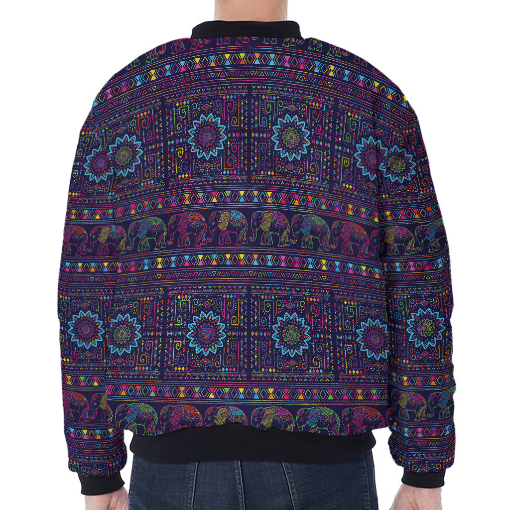 Colorful Indian Elephant Pattern Print Zip Sleeve Bomber Jacket