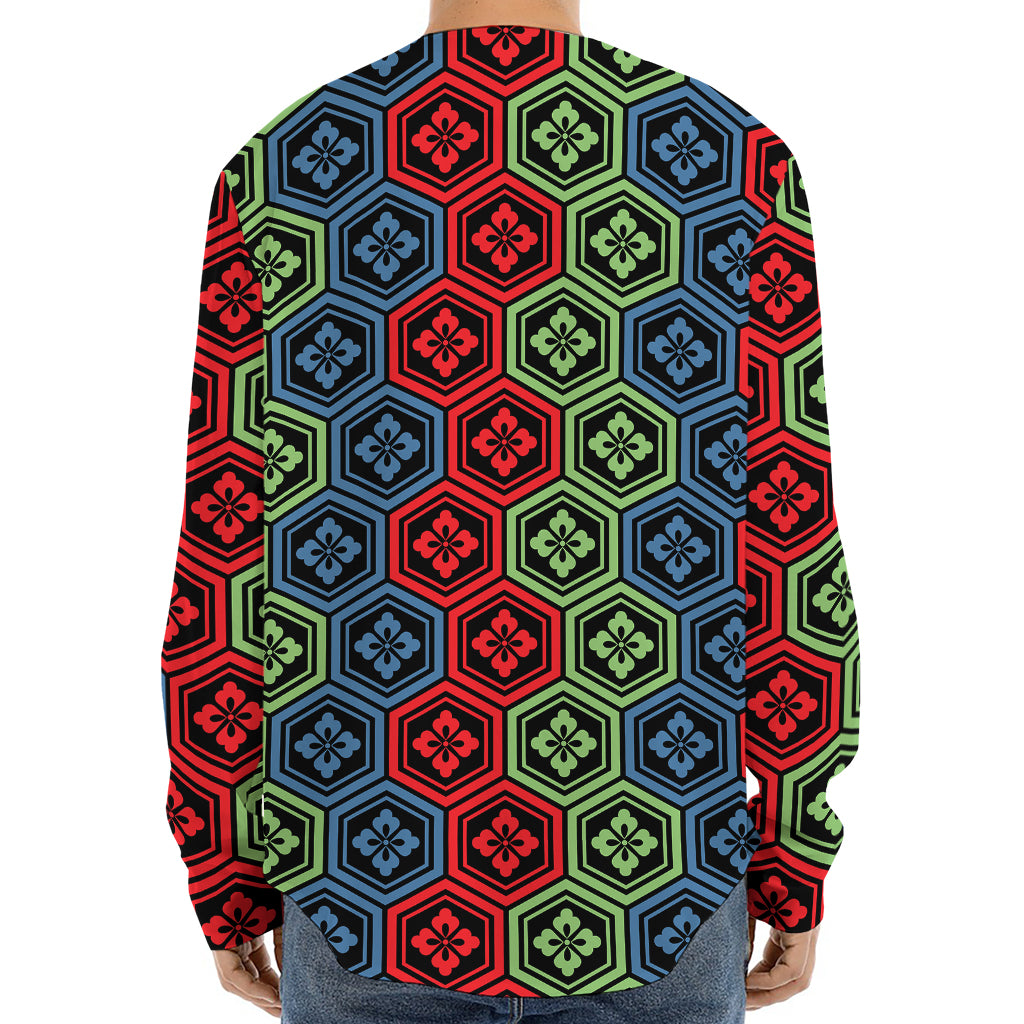 Colorful Japanese Flower Pattern Print Long Sleeve Baseball Jersey