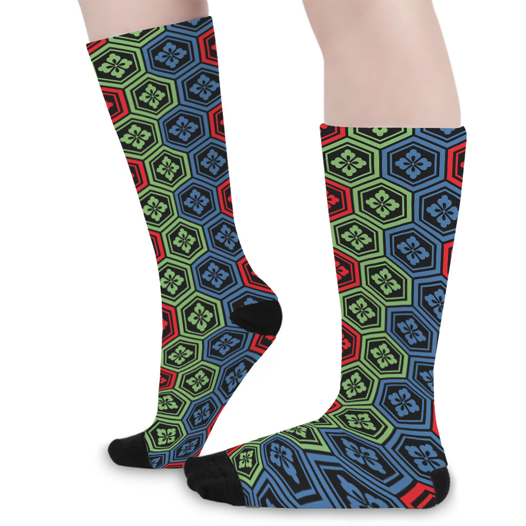 Colorful Japanese Flower Pattern Print Long Socks