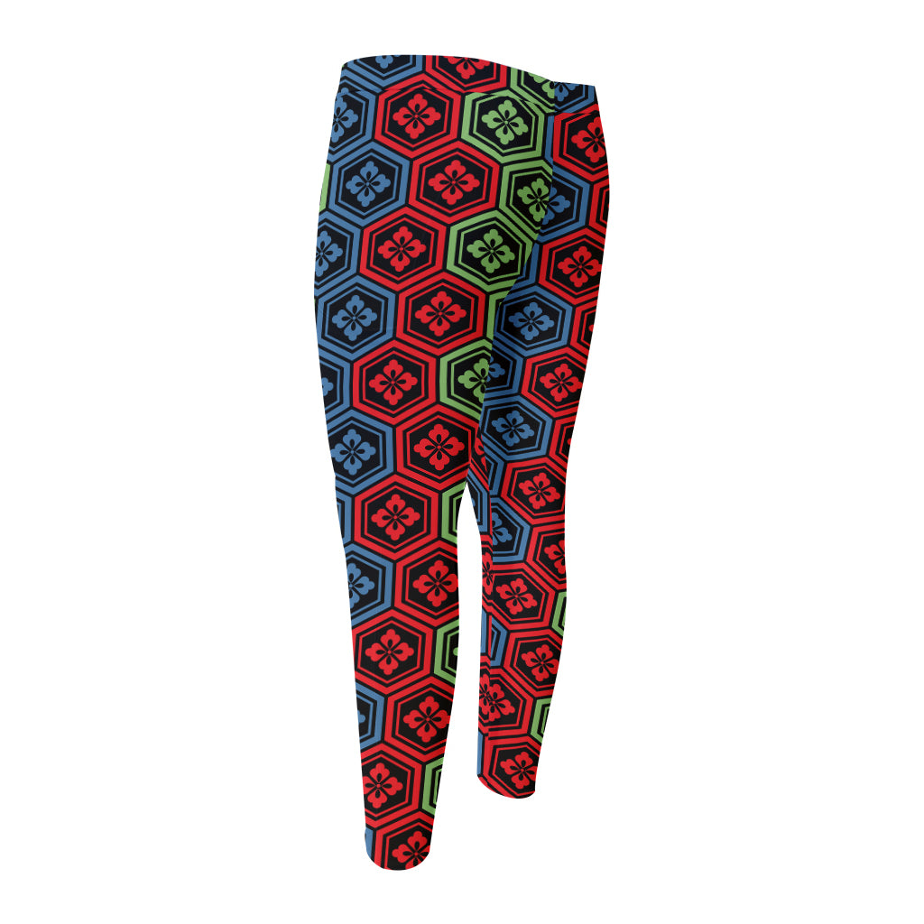 Colorful Japanese Flower Pattern Print Men's Compression Pants
