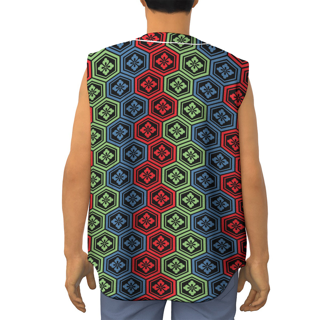 Colorful Japanese Flower Pattern Print Sleeveless Baseball Jersey