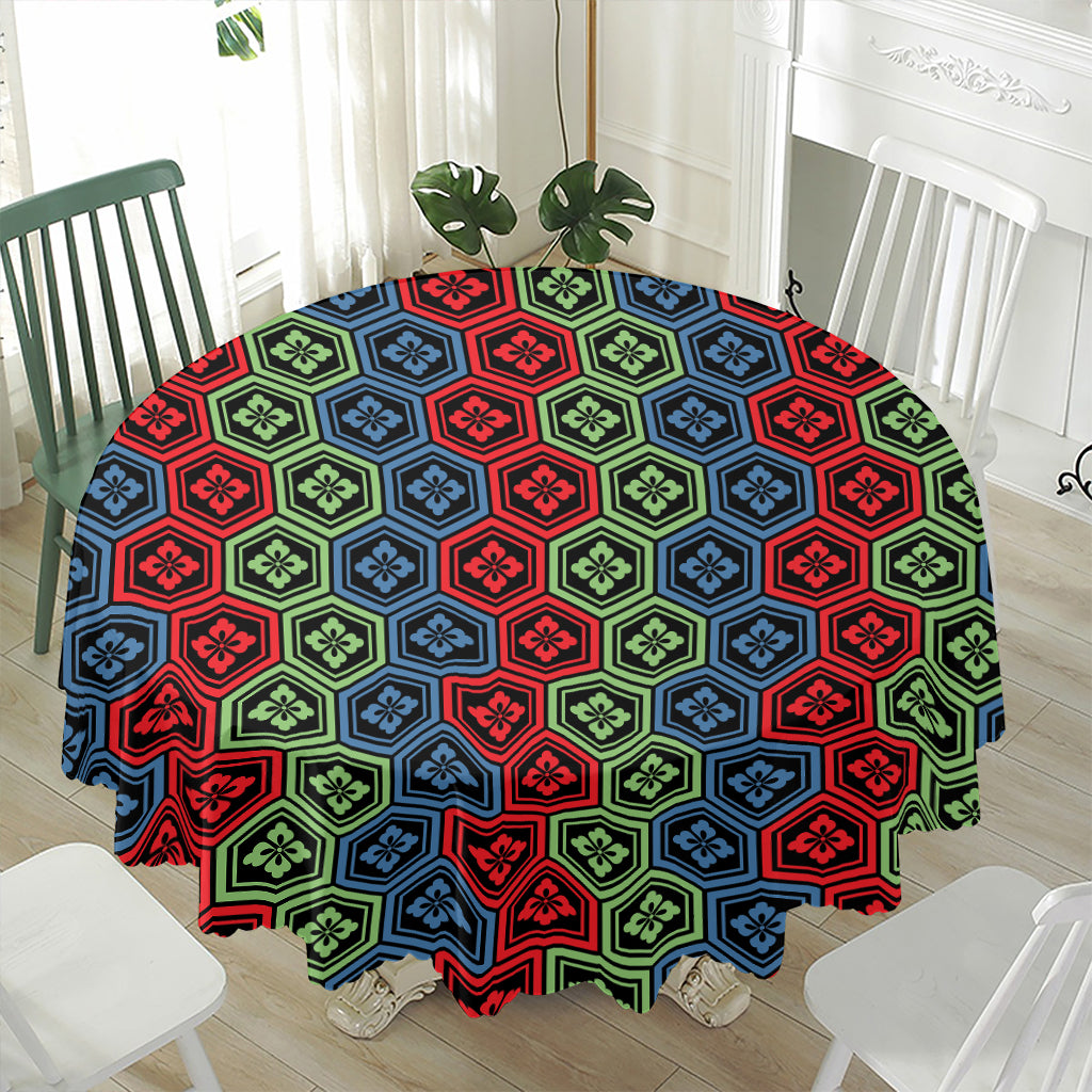 Colorful Japanese Flower Pattern Print Waterproof Round Tablecloth