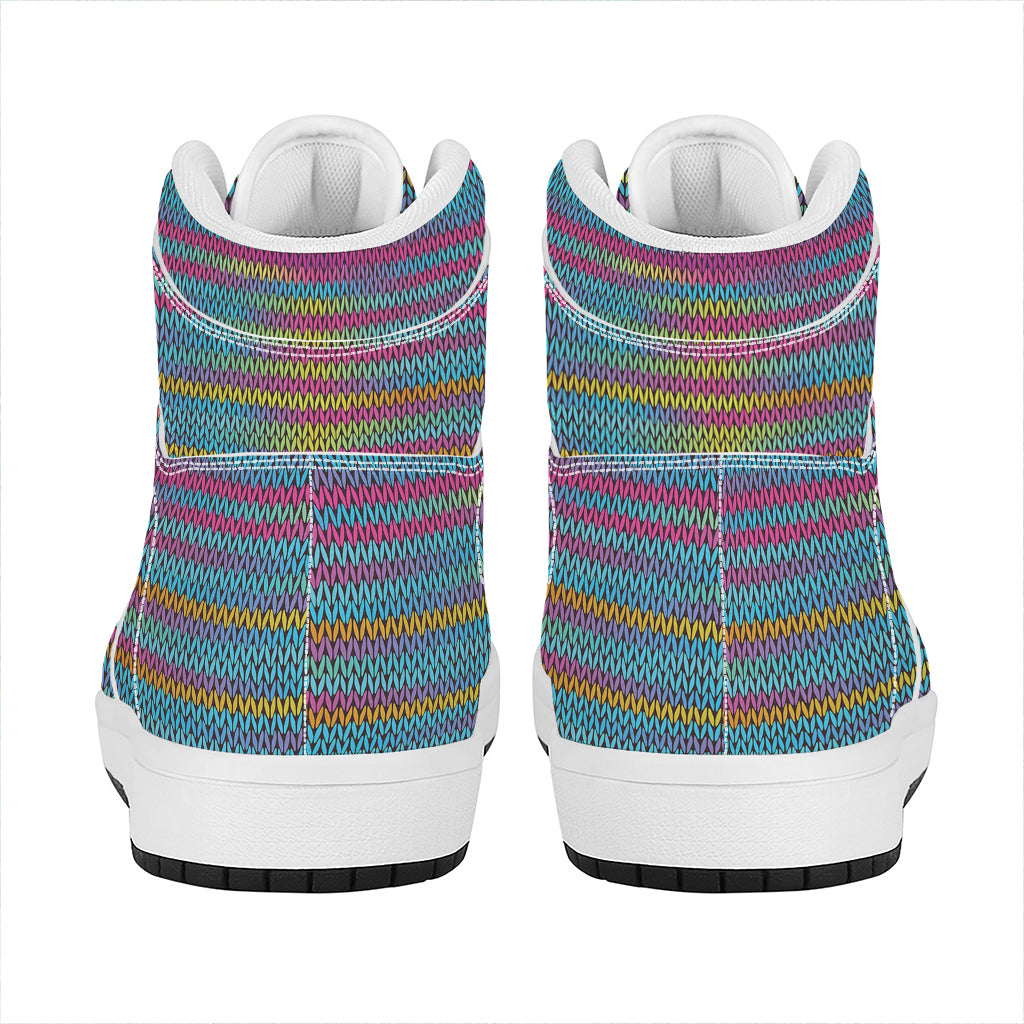 Colorful Knitted Pattern Print High Top Leather Sneakers