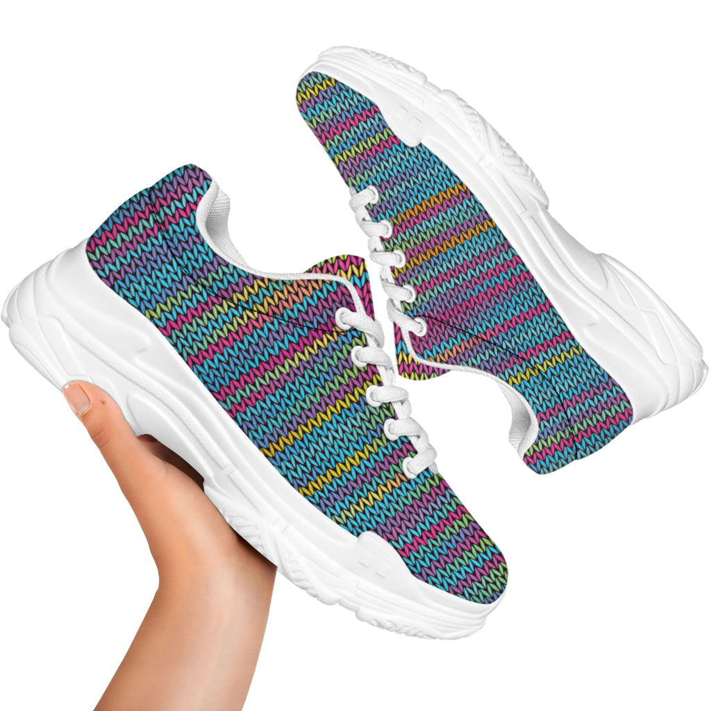 Colorful Knitted Pattern Print White Chunky Shoes