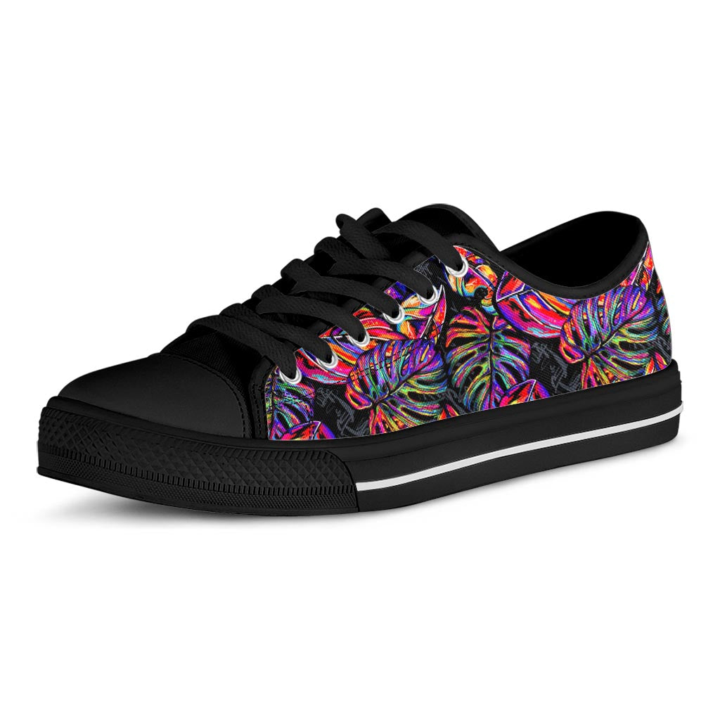 Colorful Leaf Tropical Pattern Print Black Low Top Sneakers