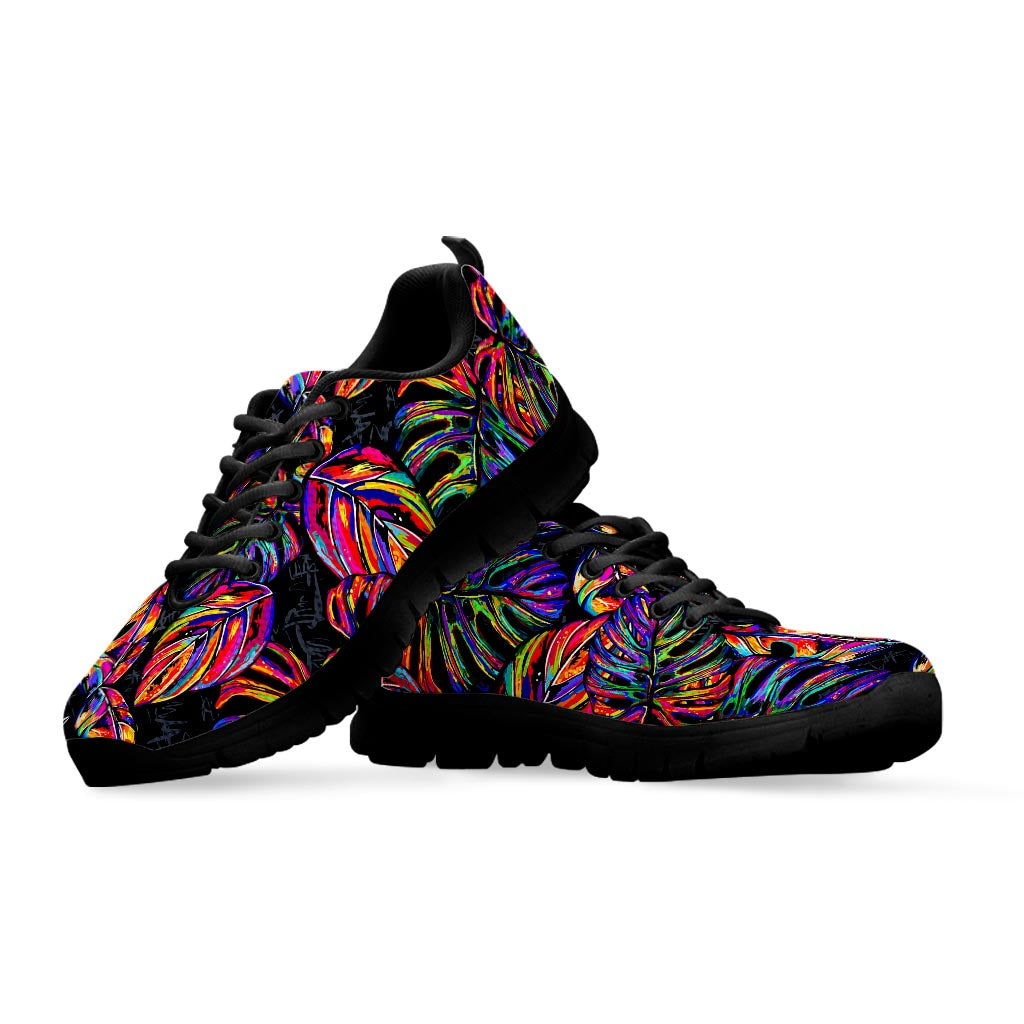 Colorful Leaf Tropical Pattern Print Black Running Shoes