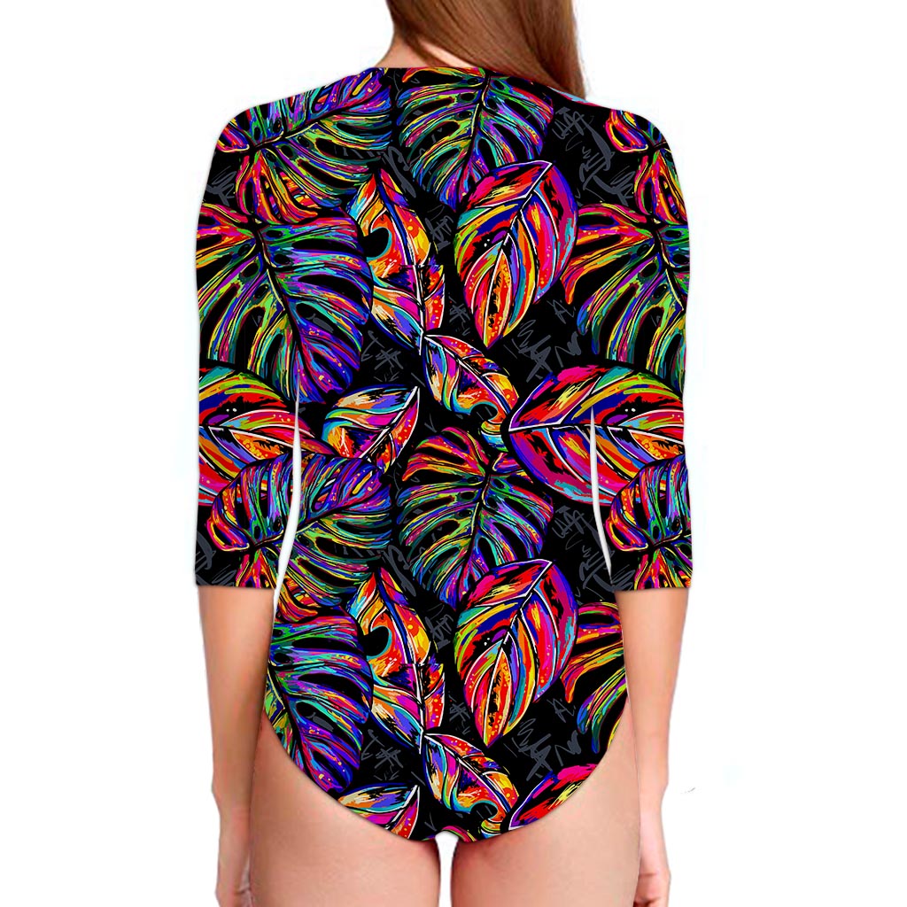 Colorful Leaf Tropical Pattern Print Long Sleeve Swimsuit