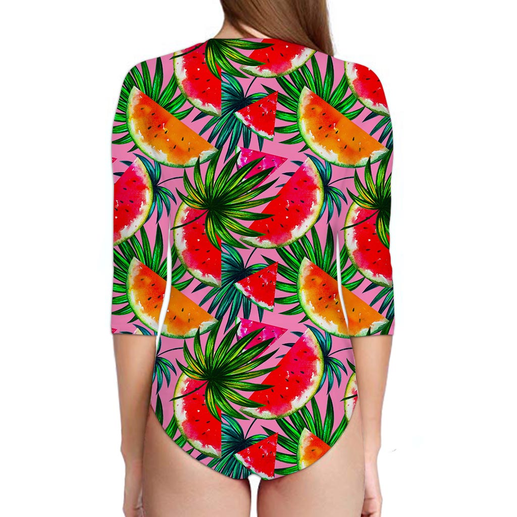 Colorful Leaf Watermelon Pattern Print Long Sleeve Swimsuit