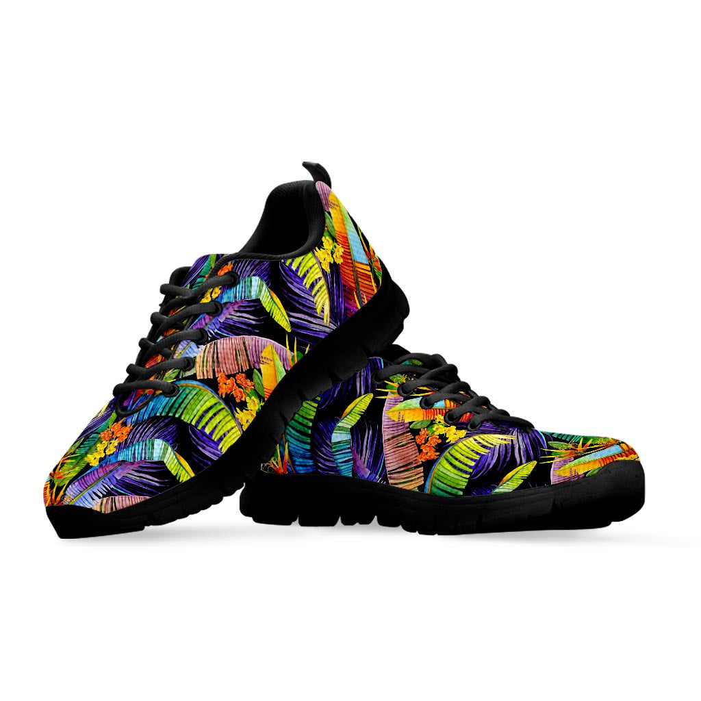 Colorful Leaves Tropical Pattern Print Black Running Shoes