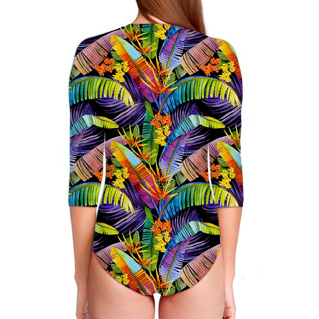 Colorful Leaves Tropical Pattern Print Long Sleeve Swimsuit
