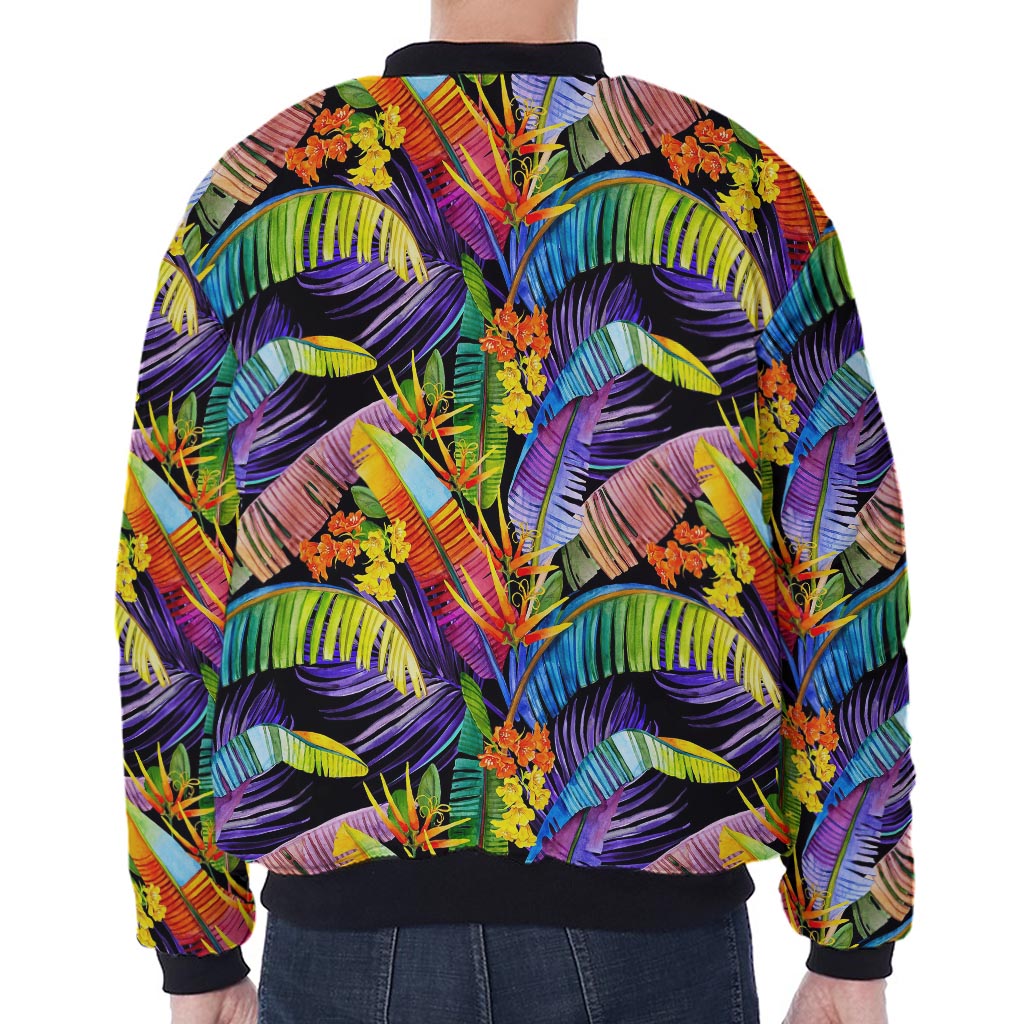Colorful Leaves Tropical Pattern Print Zip Sleeve Bomber Jacket