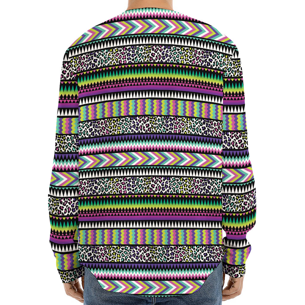 Colorful Leopard Navajo Tribal Print Long Sleeve Baseball Jersey