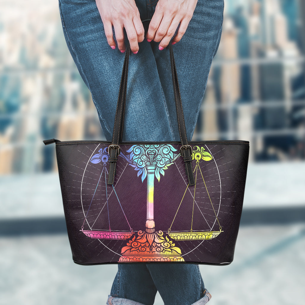 Colorful Libra Sign Print Leather Tote Bag