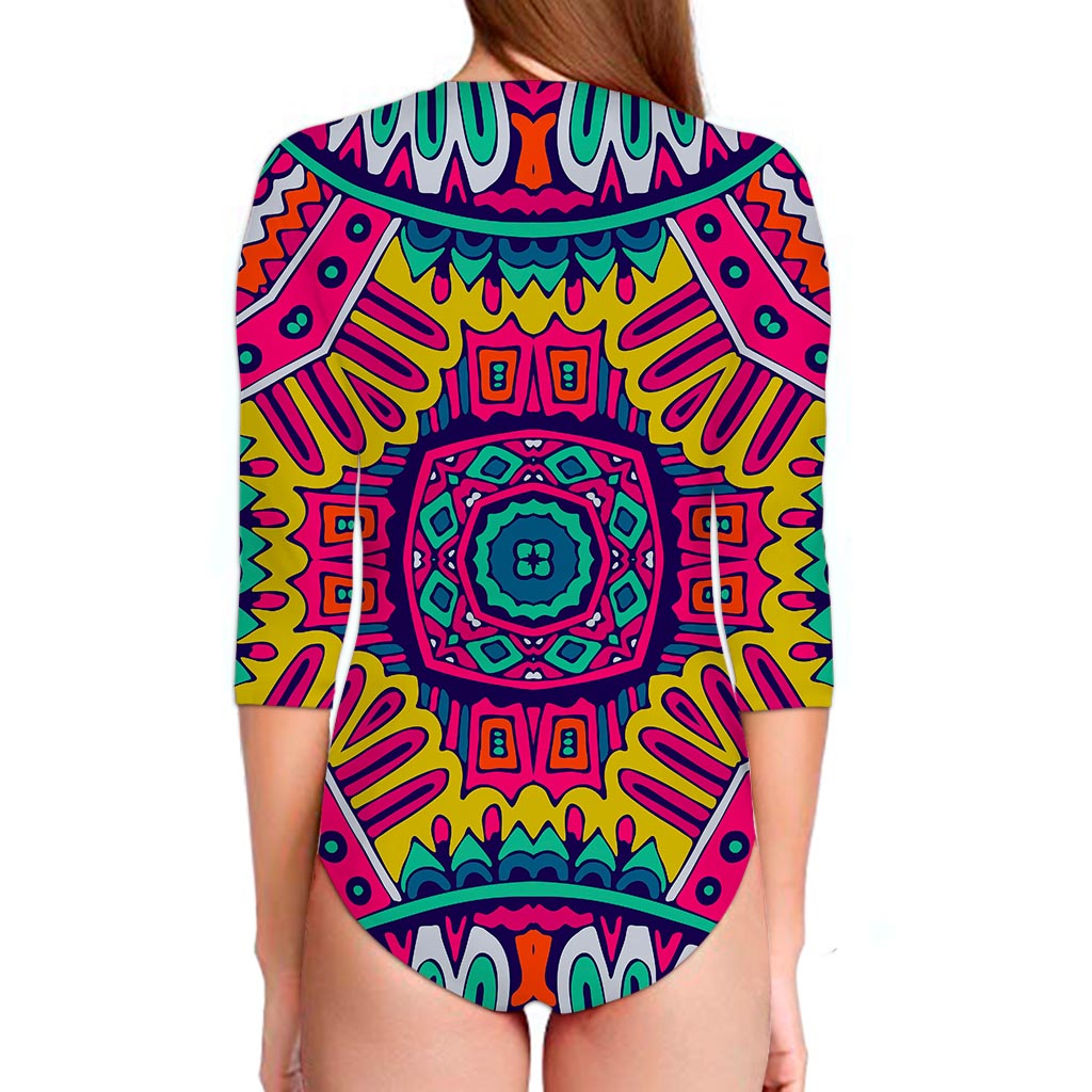 Colorful Mandala Bohemian Pattern Print Long Sleeve Swimsuit